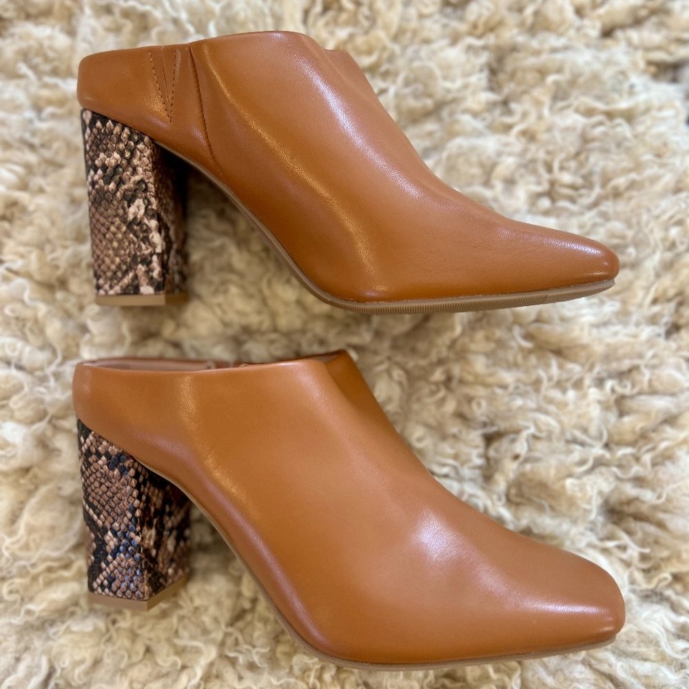 A New Day | Camel Colored Mules with Snakeskin Detailed Heels